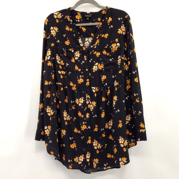 TORRID Blouse Women's Plus 2 Black Floral Button Front Pockets Long‎ Sleeve FLAW - Picture 1 of 10